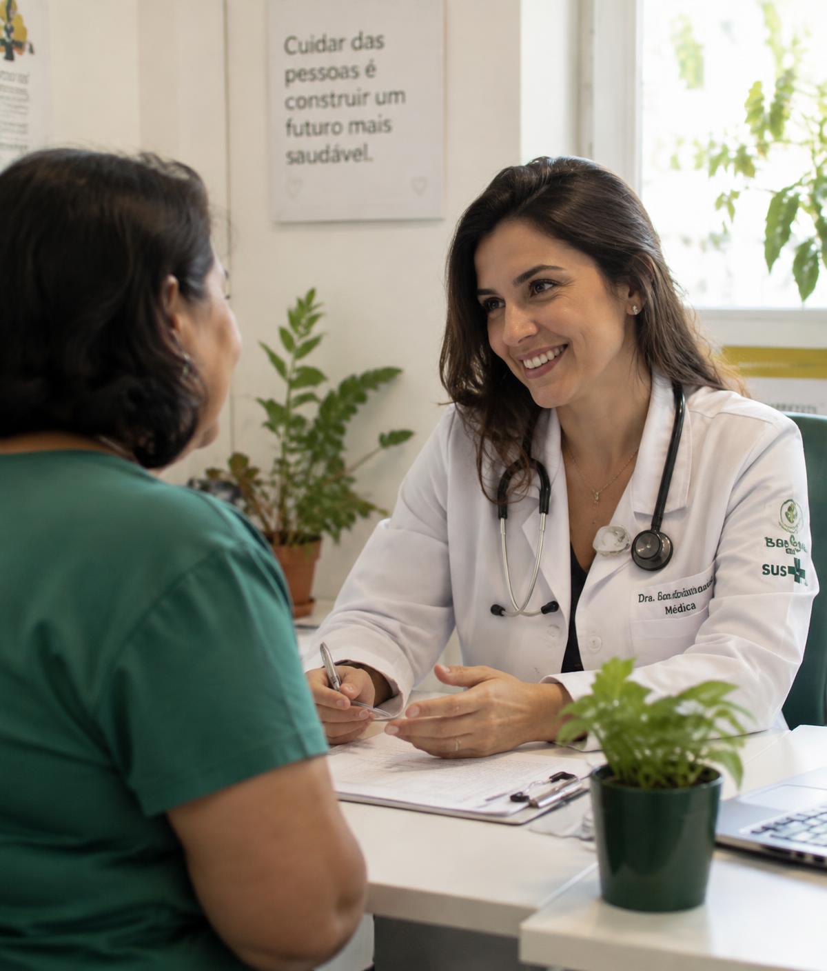 Médica conversando com paciente em consultório