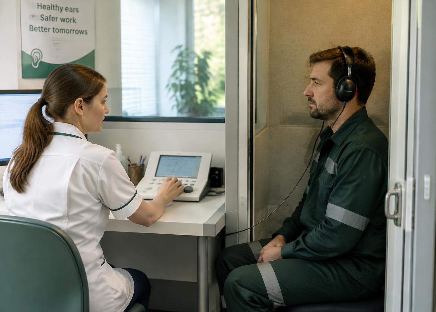 Profissional realizando exame de audiometria em trabalhador